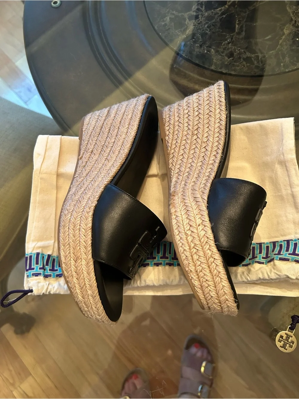 Tory Burch Weston Black Leather Espadrille Slide Mules 6.5